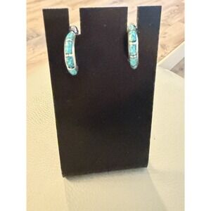 Vintage Sterling Silver 925 Turquoise Inlay Hoop Earrings #361